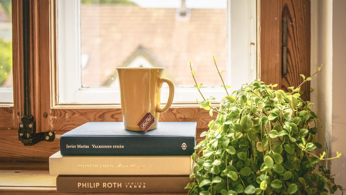 L'image montre une atmosphère tranquille et inspirante pour la lecture et l'écriture. Il y a une fenêtre en bois avec un battant ouvert, à travers laquelle la lumière du jour entre. À l'intérieur, sur le rebord de la fenêtre, se trouvent une pile de trois livres et une tasse de café ou de thé sur les livres. À côté de la pile de livres, il y a une plante verte luxuriante qui déborde d'un pot, ajoutant une touche de vie et de couleur à la scène. La scène dégage une sensation de confort et pourrait être l'endroit parfait pour atteindre tes objectifs littéraires, que ce soit pour la lecture ou l'écriture.