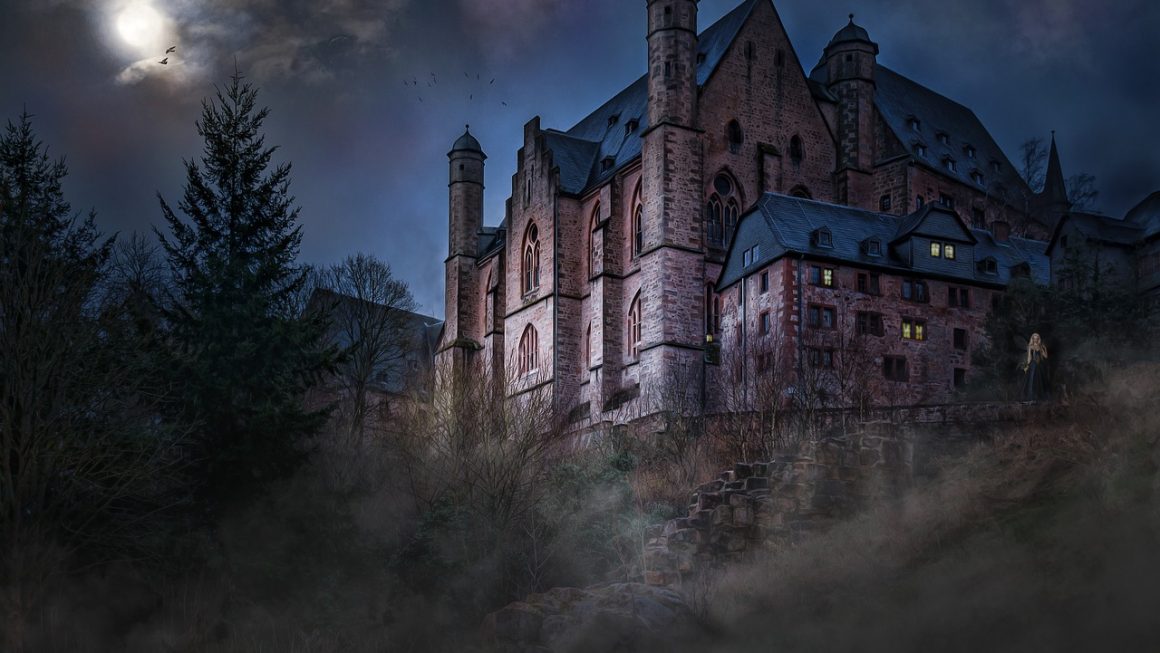 Château ancien et mystérieux éclairé par une lune pâle, illustrant les merveilles de la littérature gothique avec un brouillard dense et une silhouette solitaire près des ruines.