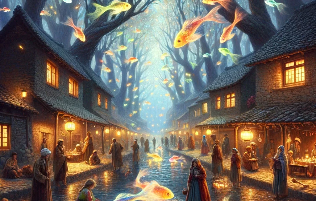 Cette image représente le réalisme magique. Elle dépeint un village paisible au crépuscule, animé par des poissons colorés et lumineux qui nagent dans l'air au-dessus des rues pavées. Les habitants, vêtus de tenues traditionnelles, continuent leurs activités du soir, indifférents à ce phénomène magique. Des enfants jouent parmi les poissons, tentant de les toucher doucement. En arrière-plan, d'anciens arbres s'élèvent vers le ciel, leurs branches éclairées par des lanternes qui ressemblent à des étoiles, baignant la scène d'une lumière chaude et surnaturelle, incarnant l'essence du réalisme magique où le quotidien et le magique coexistent en harmonie.