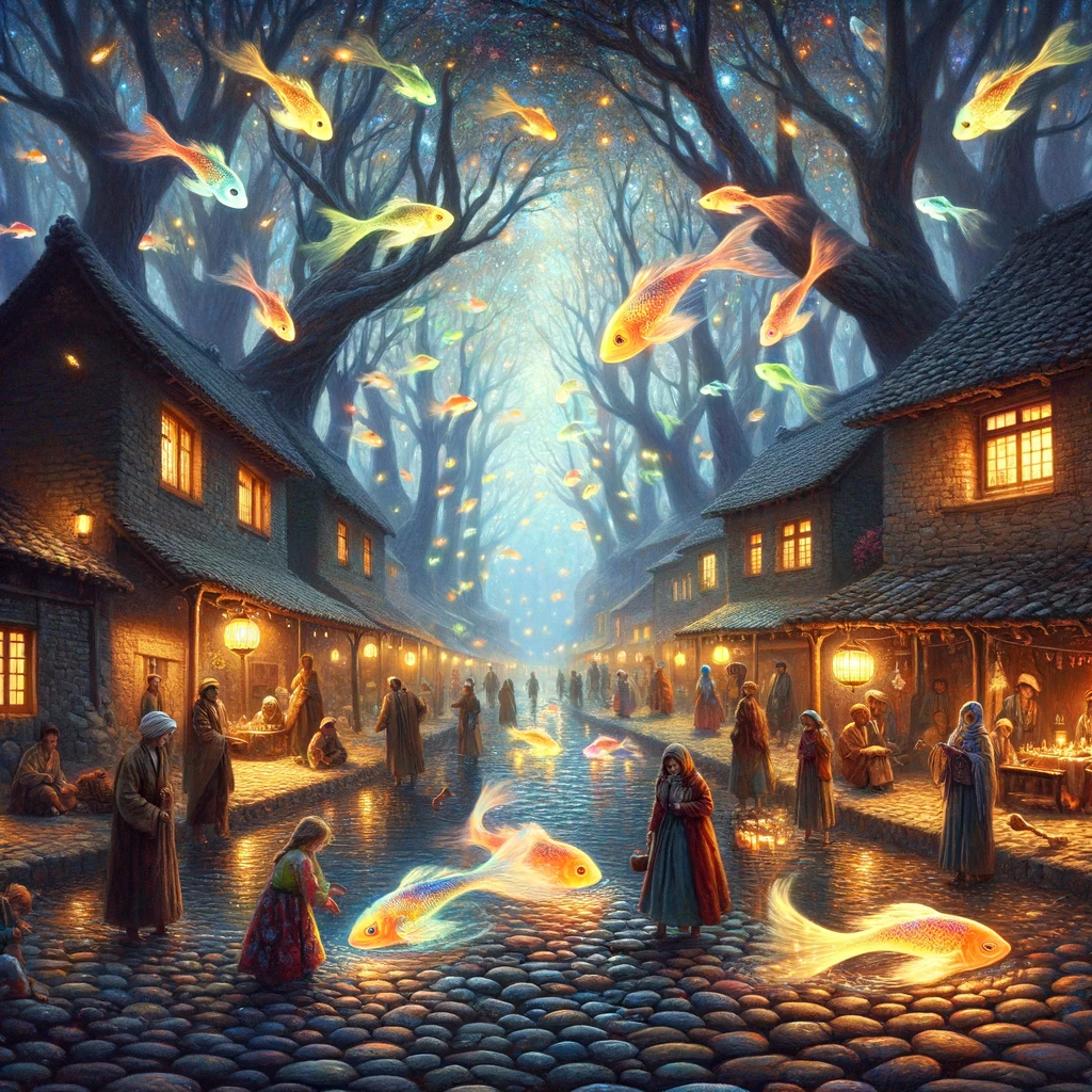 Cette image représente le réalisme magique. Elle dépeint un village paisible au crépuscule, animé par des poissons colorés et lumineux qui nagent dans l'air au-dessus des rues pavées. Les habitants, vêtus de tenues traditionnelles, continuent leurs activités du soir, indifférents à ce phénomène magique. Des enfants jouent parmi les poissons, tentant de les toucher doucement. En arrière-plan, d'anciens arbres s'élèvent vers le ciel, leurs branches éclairées par des lanternes qui ressemblent à des étoiles, baignant la scène d'une lumière chaude et surnaturelle, incarnant l'essence du réalisme magique où le quotidien et le magique coexistent en harmonie.