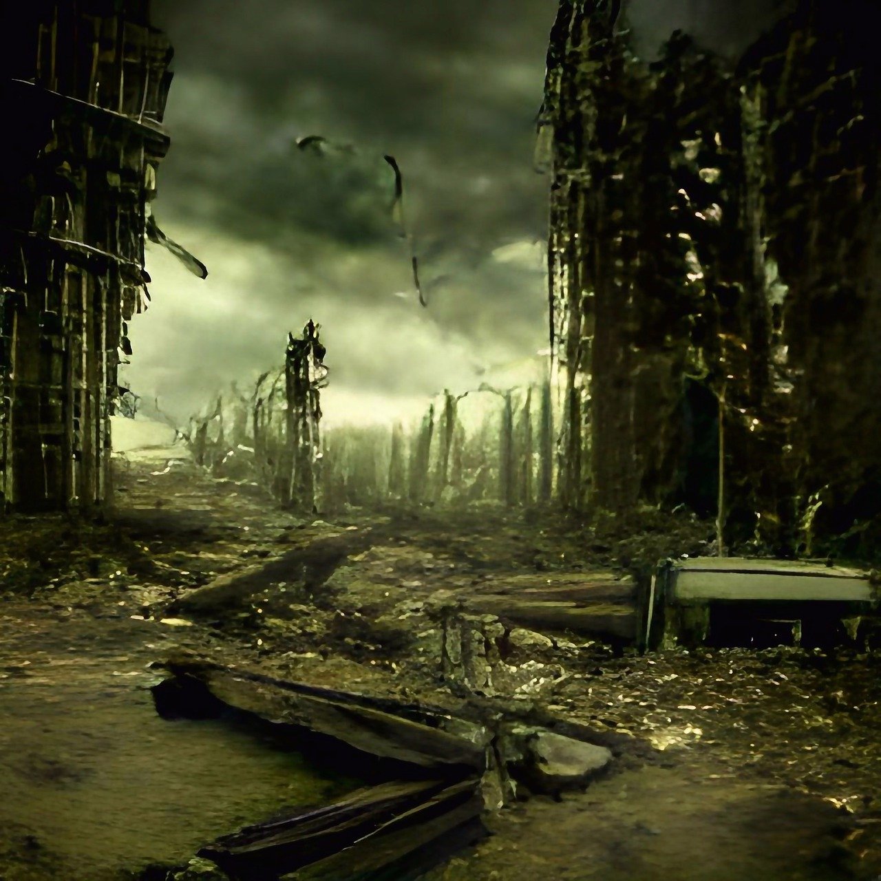 La dystopie, en dépeignant des futurs sombres et des sociétés dysfonctionnelles, agit comme un miroir de nos angoisses et peurs collectives. Elle met en scène des mondes ravagés, souvent par la technologie, les régimes totalitaires ou les catastrophes environnementales, et questionne notre présent. Cette image de ruines et de désolation illustre parfaitement cette projection de nos craintes : destruction, perte de liberté et désespoir. Les œuvres dystopiques nous confrontent à ces scénarios extrêmes, nous incitant à réfléchir et à agir pour éviter de tels futurs. Elles révèlent ainsi nos peurs les plus profondes et les conséquences potentielles de nos choix actuels.