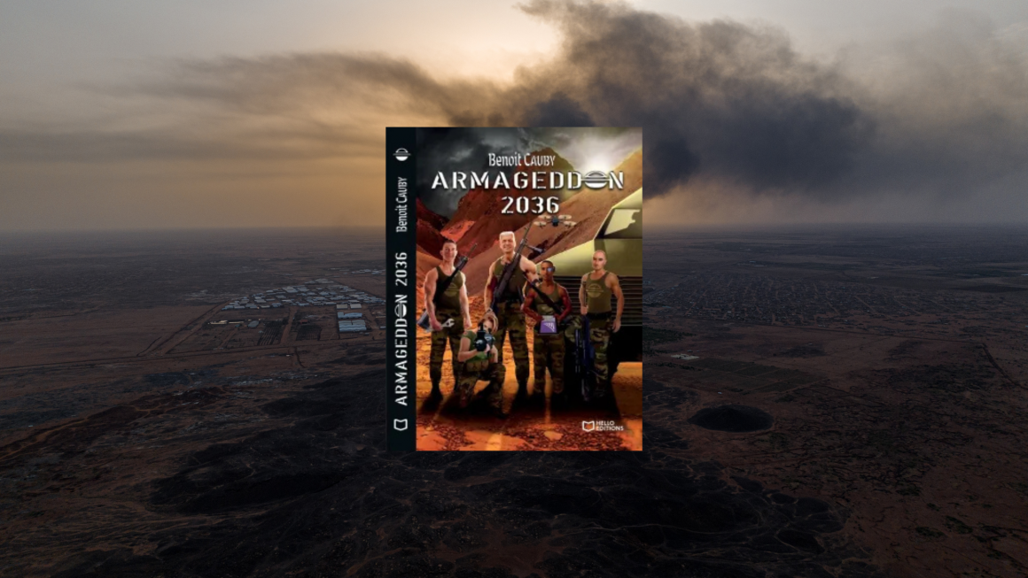 Couverture du livre Armageddon 2036 de Benoît CAUBY superposée sur une scène apocalyptique avec un ciel sombre et un nuage de fumée au-dessus d’un paysage désertique.