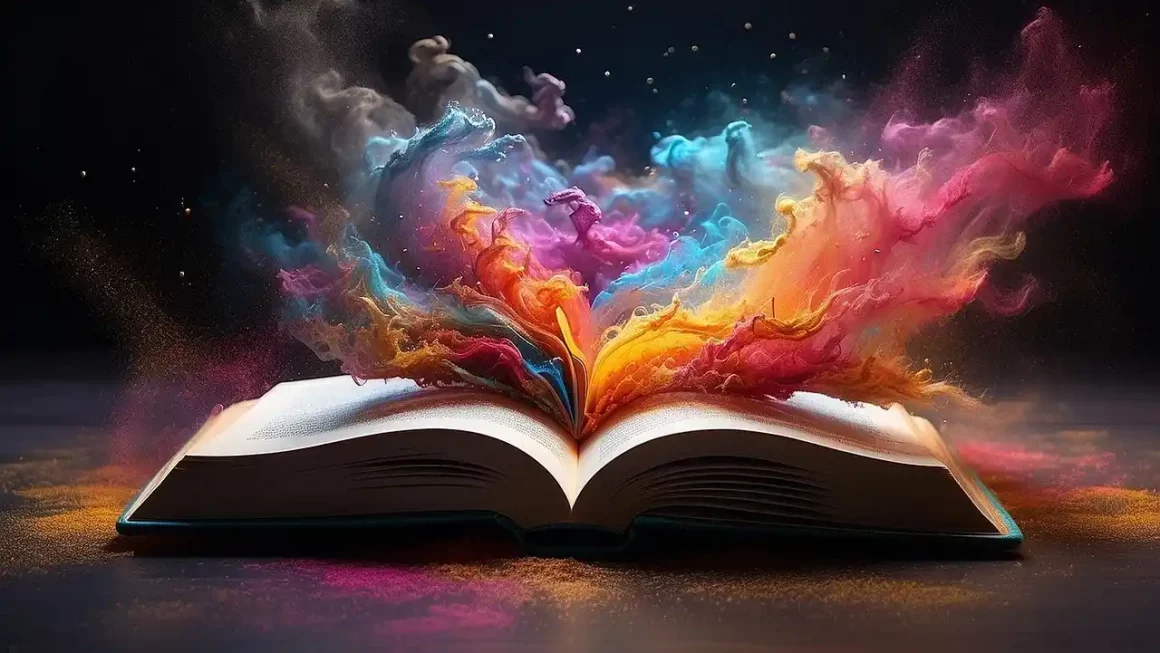 Image d’un livre ouvert laissant jaillir des nuées de couleurs, illustrant comment la littérature peut guérir les blessures du passé à travers la puissance de l’imaginaire.