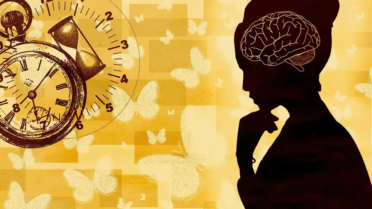 Illustration symbolique de la différence entre le storytelling et le copywriting : silhouette en réflexion avec cerveau visible, montre ancienne et sablier représentant le temps et la stratégie.