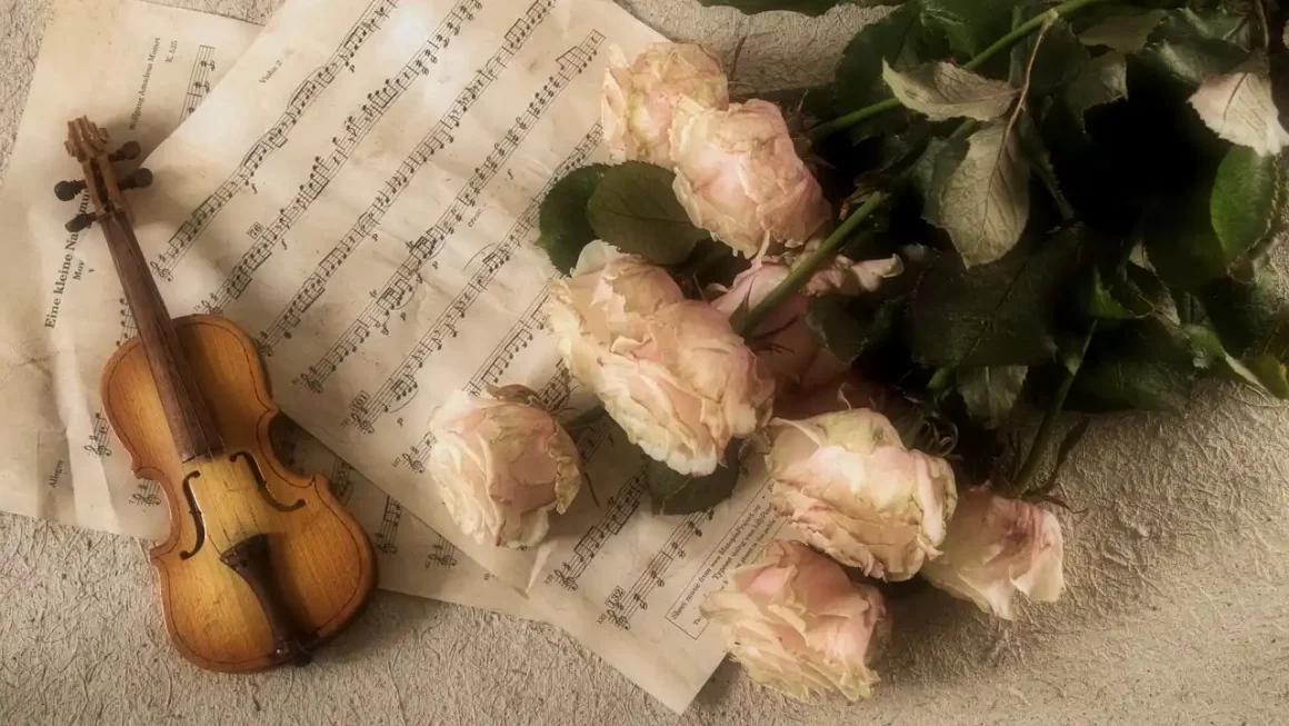 Partition musicale, violon miniature et roses, illustrant l’impact de l’intelligence artificielle dans la musique sur la créativité et l’art musical.