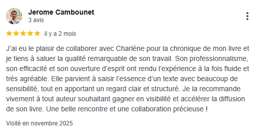 Avis d'un auteur de développement personnel pour adolescent qui est entièrement satisfait de sa collaboration avec Charlène Malandain, rédactrice web pour auteur. 