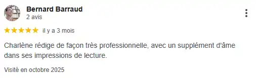 Avis de Bernard Barraud, auteur d'aphorismes sur sa collaboration avec Charlène Malandain, rédactrice web pour auteur et maisons d'édition. 