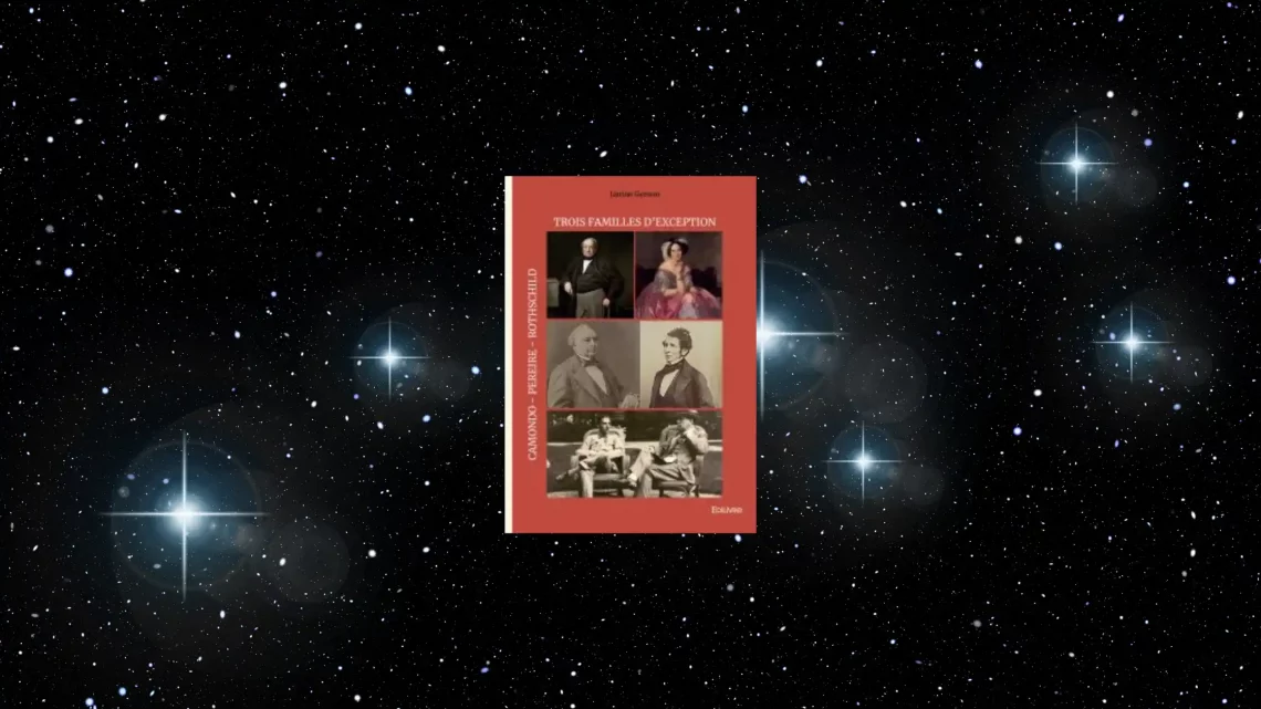 Couverture du livre Trois familles d'exception de Janine Gerson, éditions Edilivre — portraits des familles Rothschild, Pereire et Camondo sur fond rouge