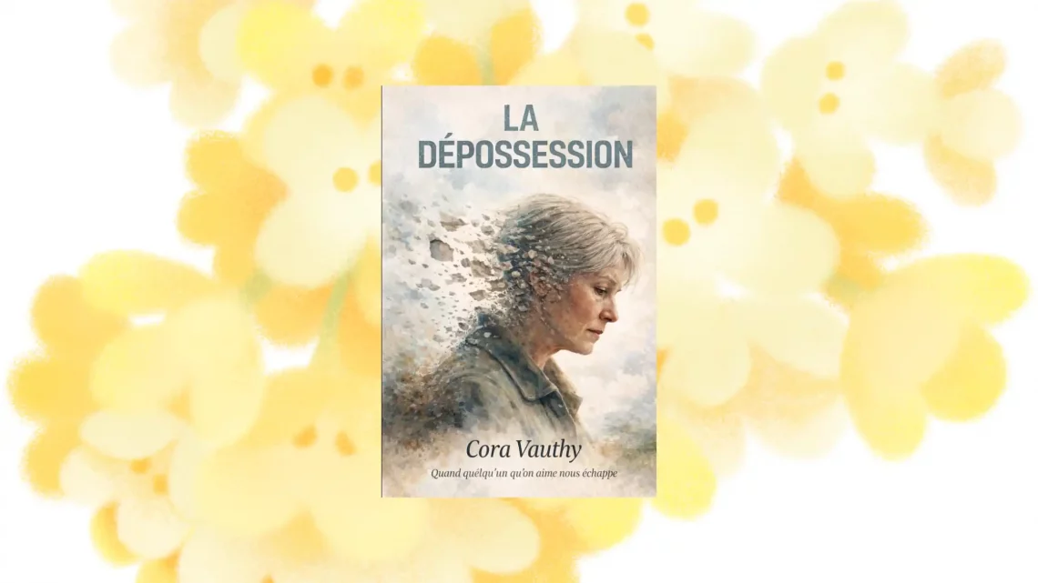 Couverture du roman La Dépossession de Cora Vauthy, représentant une femme âgée de profil dont le visage se désagrège, sur fond aquarelle jaune pâle — un roman sur les aidants familiaux et la maladie de Charcot.