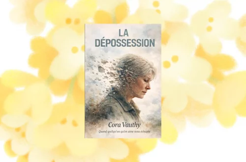 Couverture du roman La Dépossession de Cora Vauthy, représentant une femme âgée de profil dont le visage se désagrège, sur fond aquarelle jaune pâle — un roman sur les aidants familiaux et la maladie de Charcot.