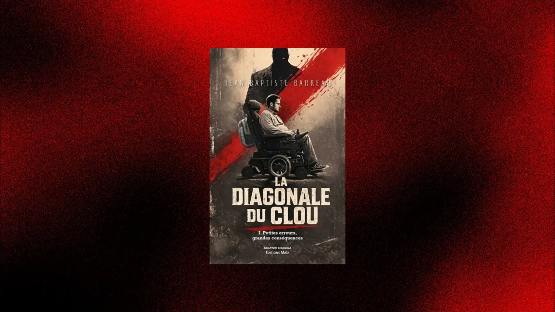 Couverture du roman La diagonale du clou de Jean-Baptiste Barreau, Éditions Maïa : un homme en fauteuil roulant électrique devant une diagonale rouge. Découvre la chronique littéraire juste ici.
