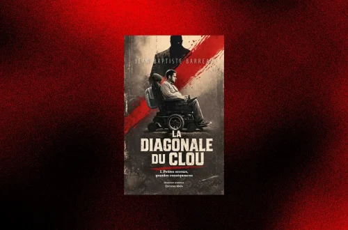 Couverture du roman La diagonale du clou de Jean-Baptiste Barreau, Éditions Maïa : un homme en fauteuil roulant électrique devant une diagonale rouge. Découvre la chronique littéraire juste ici.